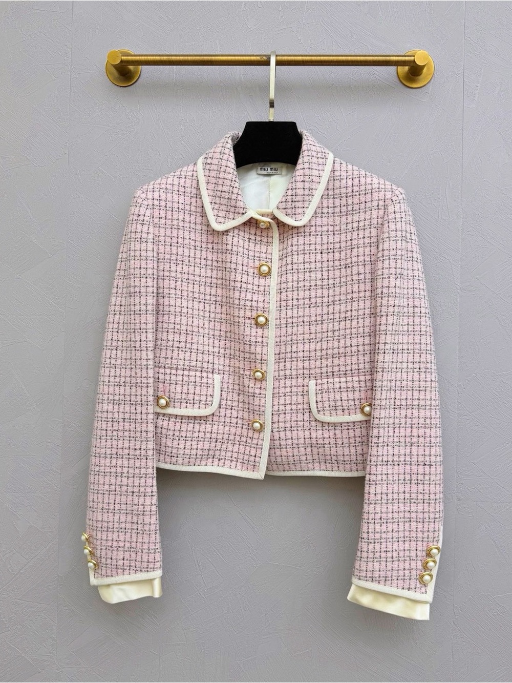 Miu Miu Pink Tweed Cropped Blazer with Ivory Trim
